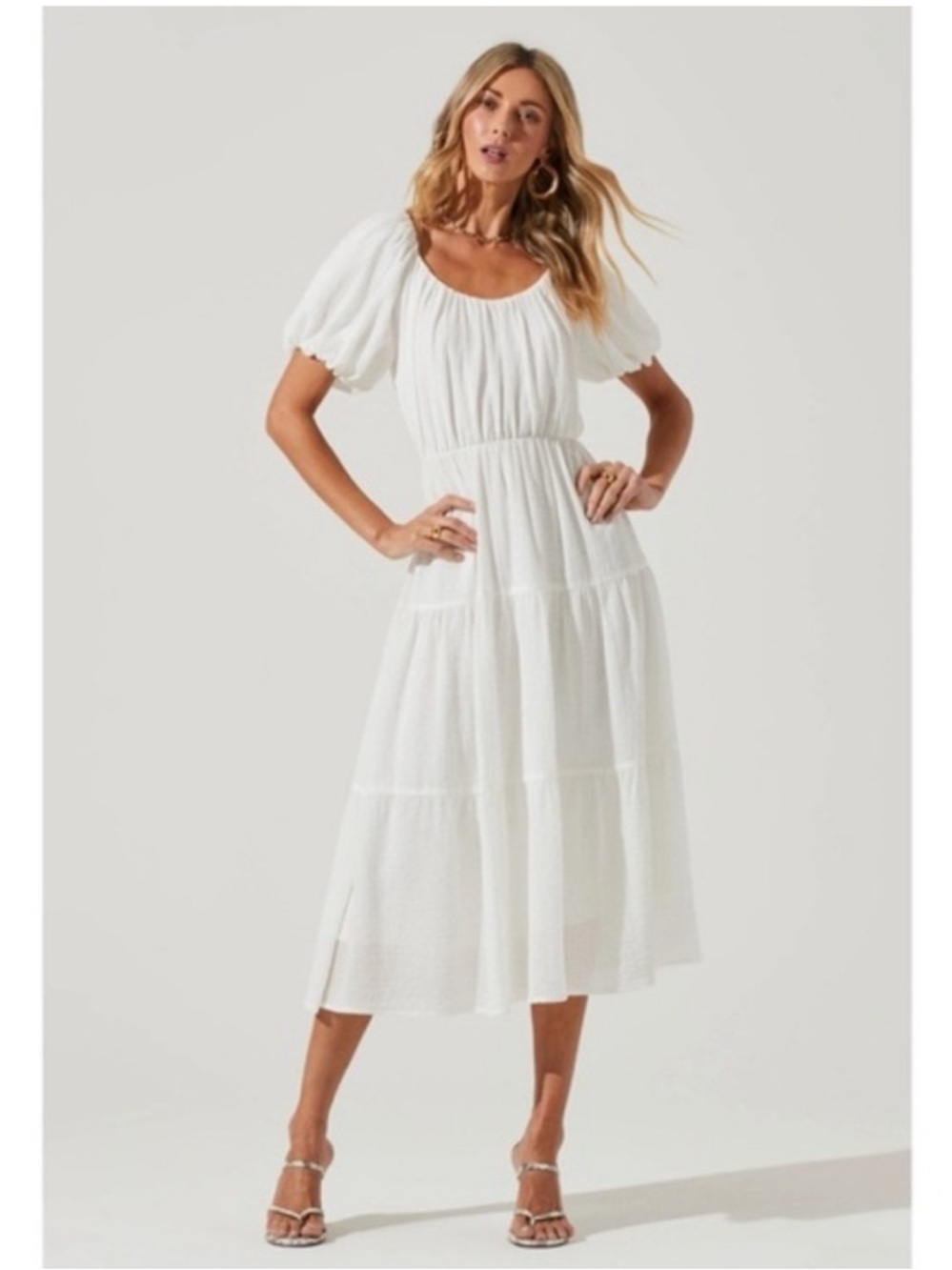 ASTR The Label White Gauze Tiered Dress with Puff Sleeves